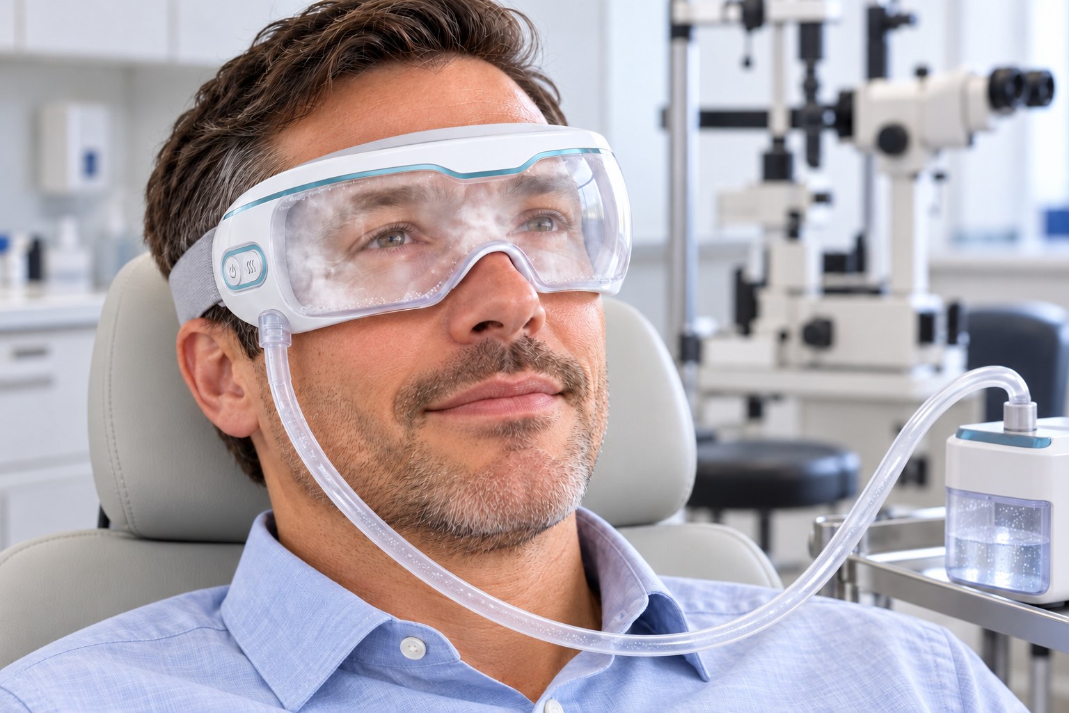 Patient mit einer Wärmebrille während einer Steamer-Behandlung der Lider