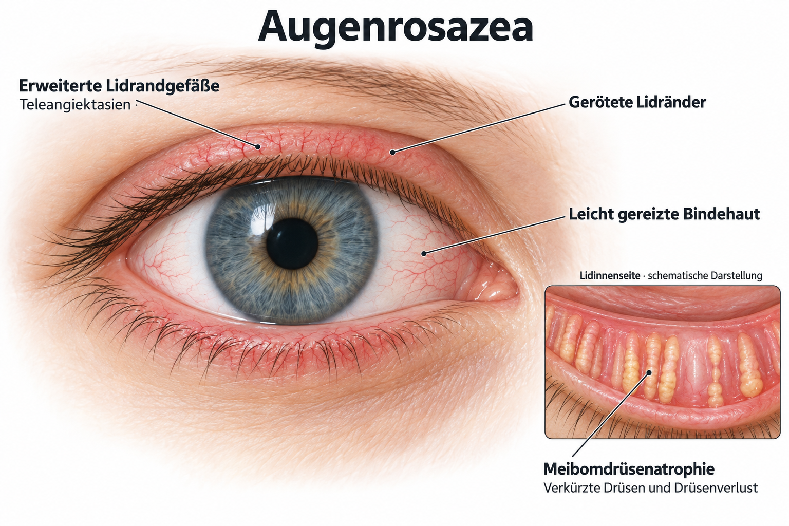 Schematische Darstellung einer Augenrosazea: erweiterte Lidrandgefäße und gerötete Lidränder an oberem und unterem Lid, leicht gereizte Bindehaut sowie verkürzte Meibomdrüsen mit Drüsenverlust als Einschub der Lidinnenseite