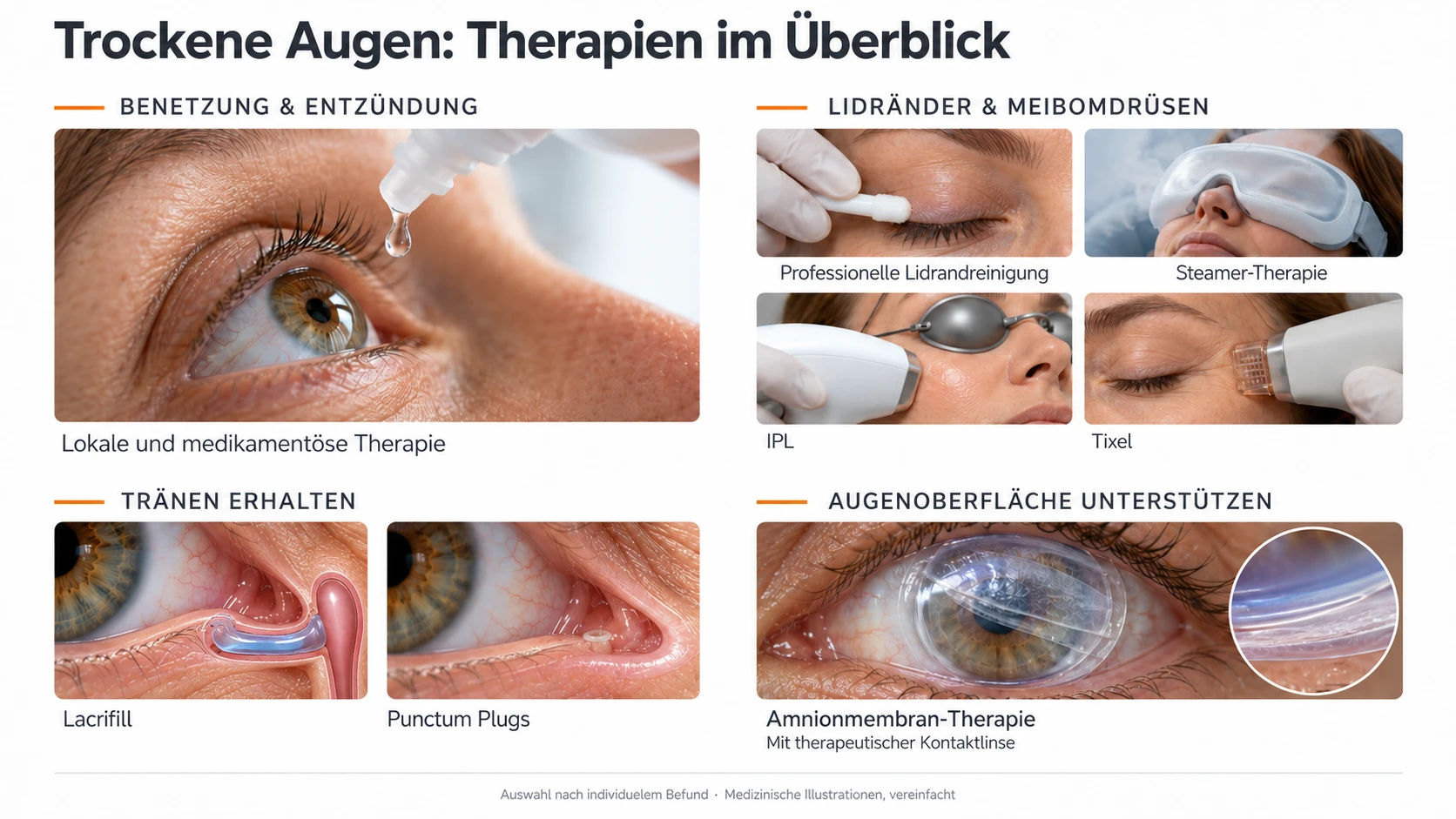 Übersicht der Therapien bei trockenen Augen in vier Gruppen mit Fotos und Illustrationen: Benetzung und Entzündung (lokale und medikamentöse Therapie), Lidränder und Meibomdrüsen (professionelle Lidrandreinigung, Steamer-Therapie, IPL, Tixel), Tränen erhalten (Lacrifill, Punctum Plugs) und Augenoberfläche unterstützen (Amnionmembran-Therapie mit therapeutischer Kontaktlinse)