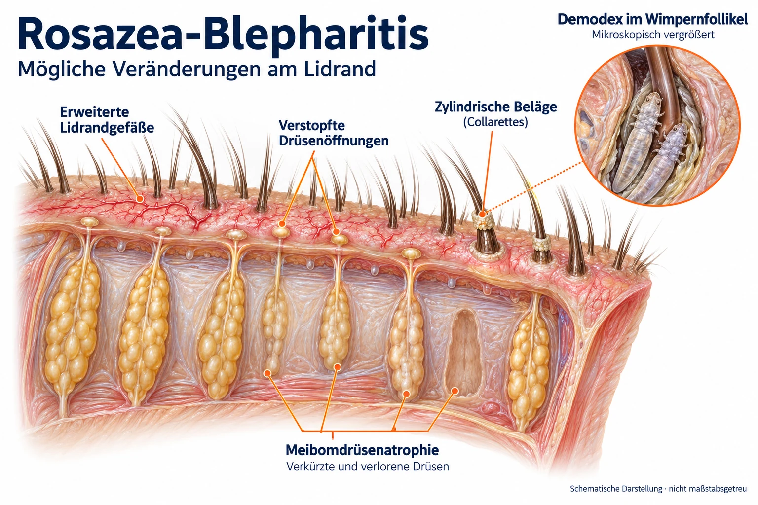 Schematischer Lidrandschnitt bei Rosazea-Blepharitis: erweiterte Lidrandgefäße, verstopfte Drüsenöffnungen, zylindrische Beläge an den Wimpern und eine zunehmende Atrophie der Meibomdrüsen; im Detailausschnitt Demodex-Milben im Wimpernfollikel