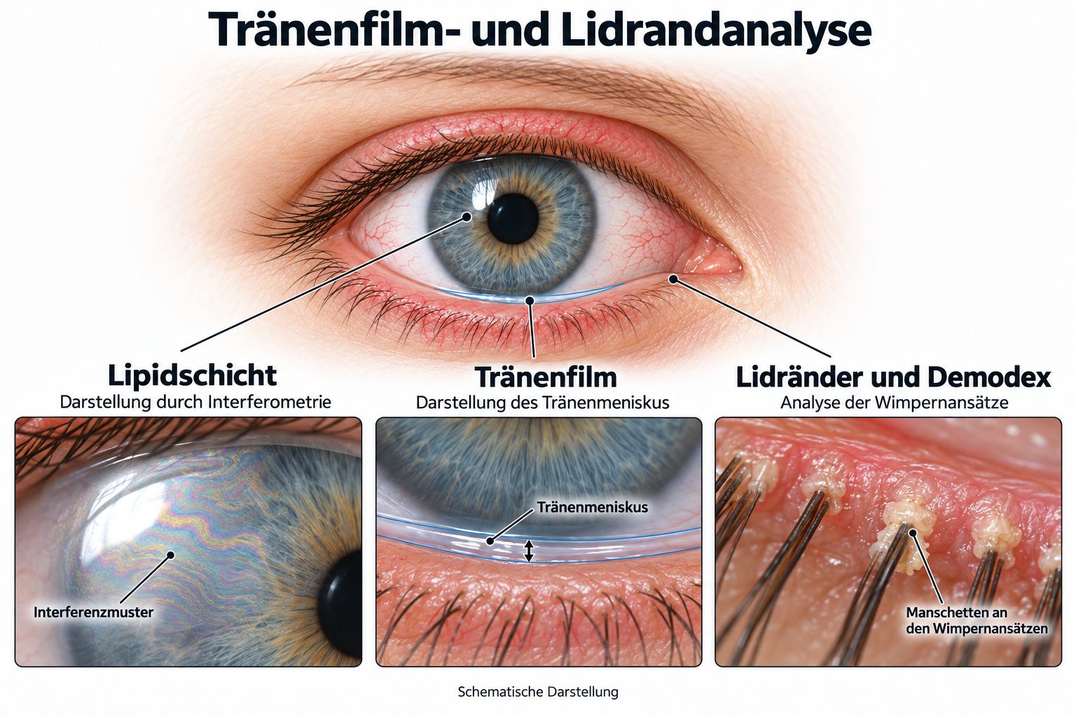 Schematische Tränenfilm- und Lidrandanalyse: gerötetes Auge mit drei Detailansichten – Lipidschicht im Interferenzmuster, Tränenmeniskus am Unterlid und Wimpernansätze mit Manschetten